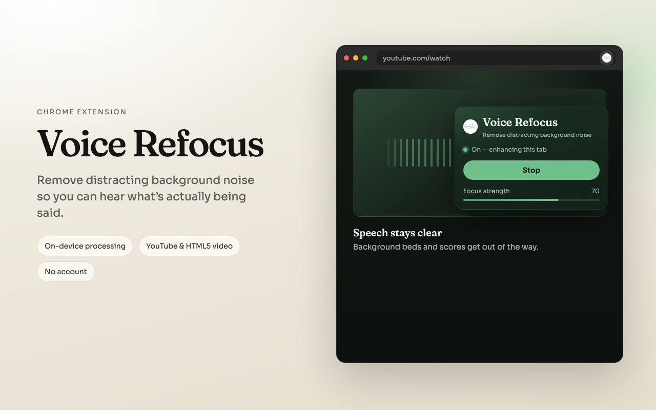 Voice Refocus enhancing a video tab with Focus strength controls